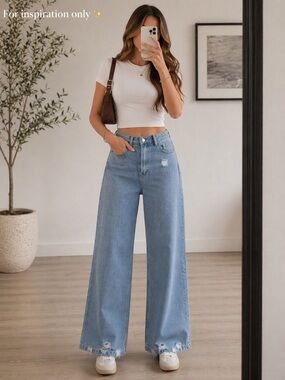 SHEIN Wide Leg Jeans High Rise Light Wash Distressed Hem Size 30 Denim